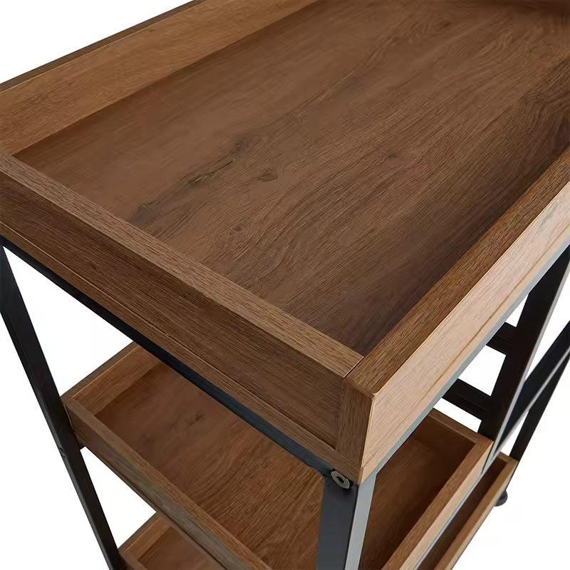 Customize Wooden Tray Top Bar Cart Multifunctional Metal and Wood Lockers with Hooks Three Layers of Bedroom Storage Racks