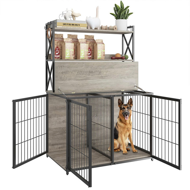Modern Factory Custom Dog Cage Storage Shelves Furniture-Style Dog Crate Three Doors Detachable Divider Net Metal+Wood Portable