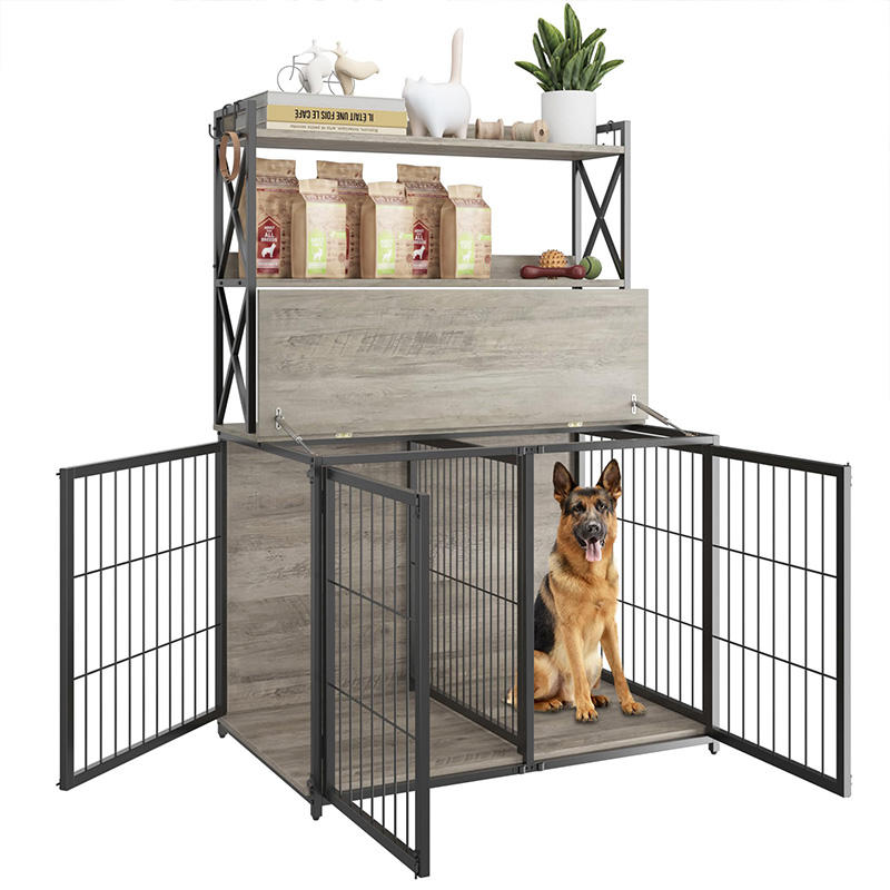 Modern Factory Custom Dog Cage Storage Shelves Furniture-Style Dog Crate Three Doors Detachable Divider Net Metal+Wood Portable