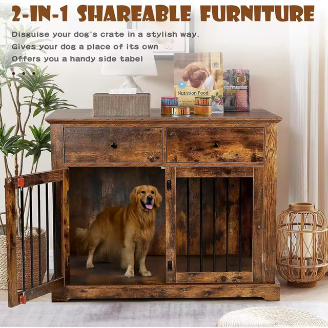 OEM & ODM Antique Color Steel Wood Dog Crate Furniture Standing Type Dog Cage with Drawers and Cleaning Tools