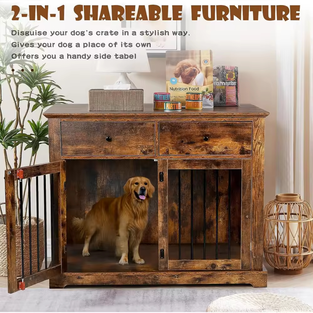 OEM & ODM Antique Color Steel Wood Dog Crate Furniture Standing Type Dog Cage with Drawers and Cleaning Tools