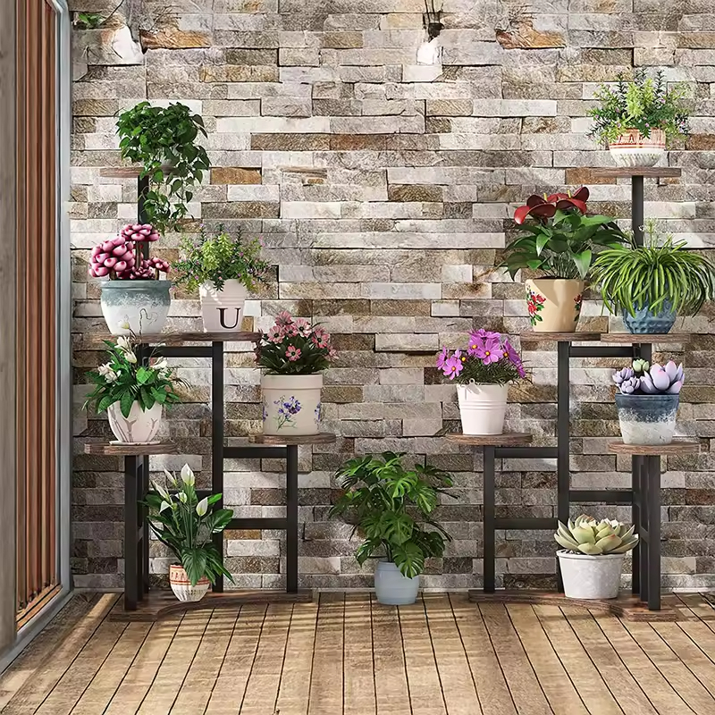 Factory Custom Modern Wood+Metal Powder Coated Plant Stand Tree Shape Tripod Design 3-tier Stylish Indoor/Outdoor Display