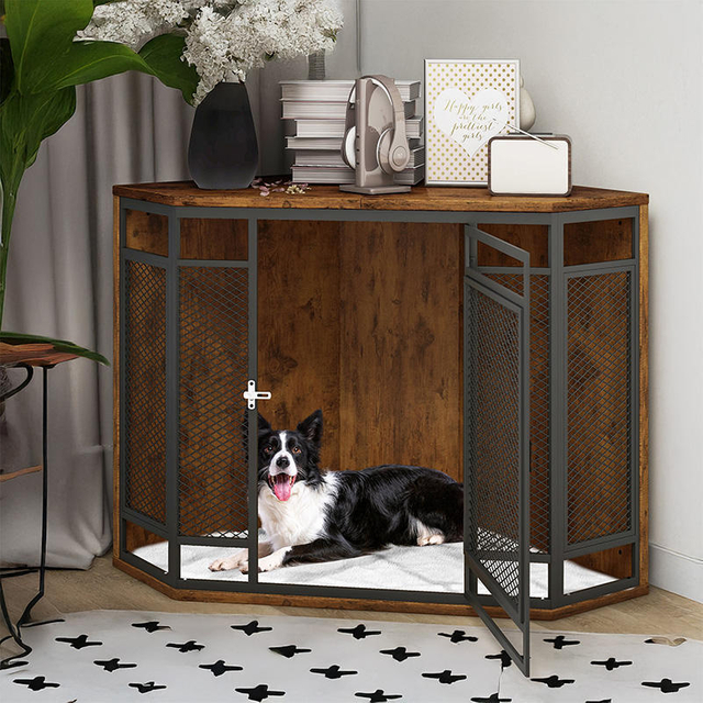 Factory Custom Standing Modern Corner Dog Crate Furniture Wooden Dog Kennel Sturdy Metal Mesh Indoor Multi-functional End Table