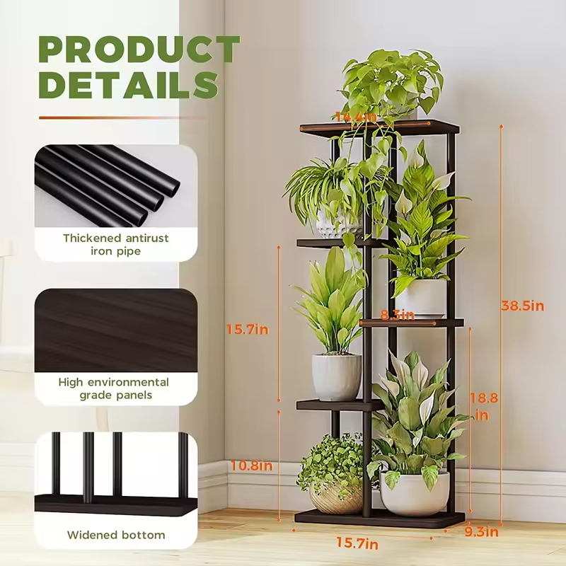 Factory Customized Multi-Tier Indoor Metal Wood Tree Shape Plant Stand Black Anti- Rust Rectangular Corner Plant Stand Indoor