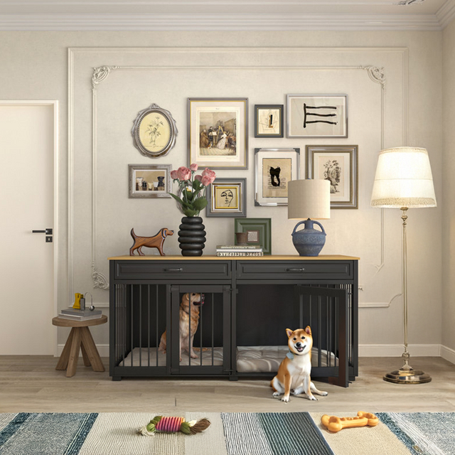 ODM&OEM Heavy Duty Wooden Dog Crate Furniture with 2 Drawers and Divider Standing Type Cleaning Tools