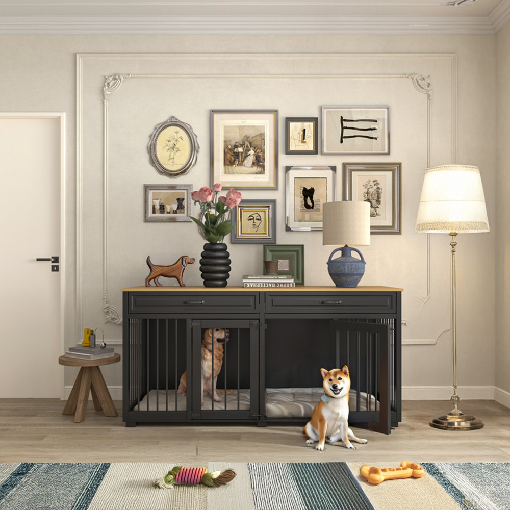 ODM&OEM Heavy Duty Wooden Dog Crate Furniture with 2 Drawers and Divider Standing Type Cleaning Tools