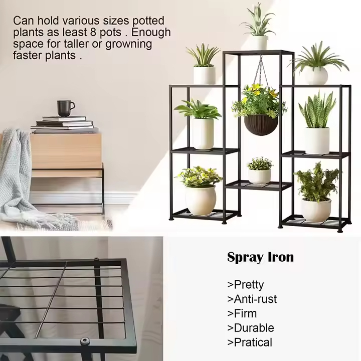 Customized Modern Black Wood Metal Plant Stand Tall Indoor Multi-Tiered Pot Stand for Living Elegant Indoor Garden Accessory