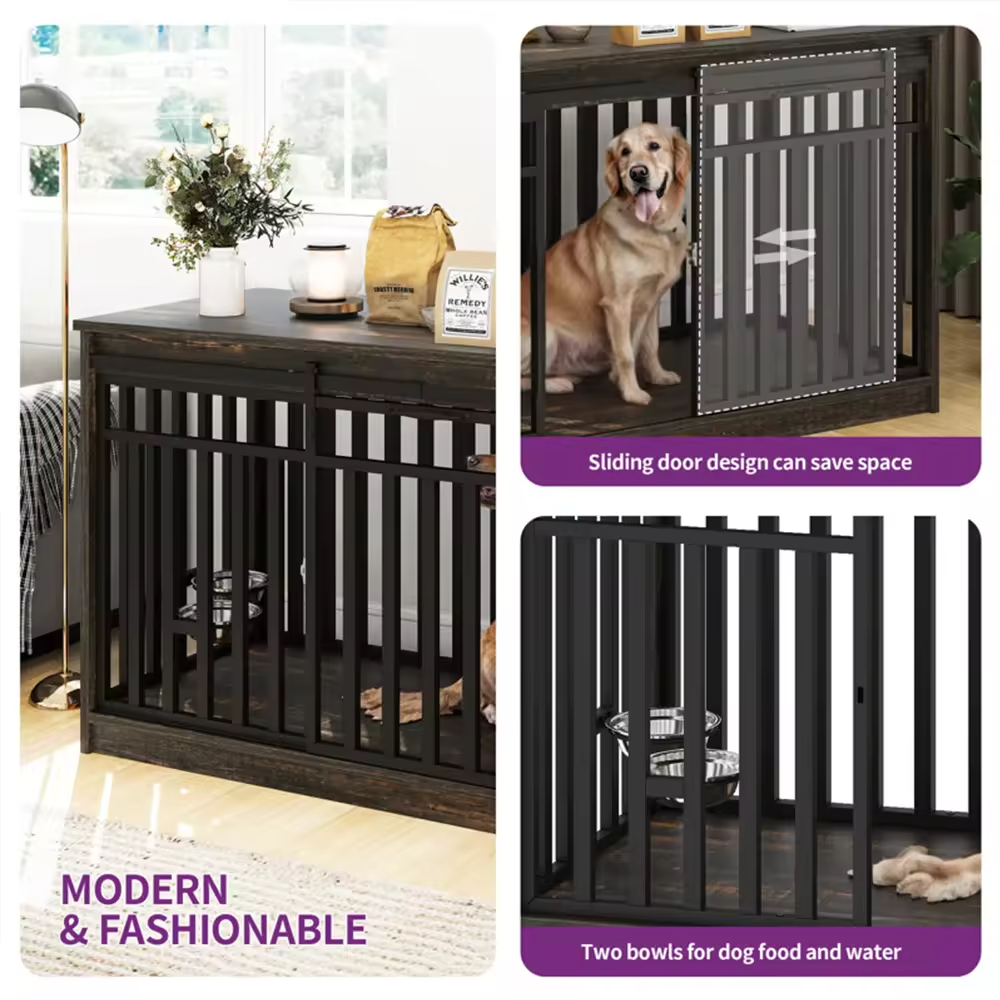 ODM&OEM Heavy Duty Wooden Dog Crate Kennel with Sliding Doors Dog Bowl Movable Sustainable Vintage Cleaning Tools Standing Type