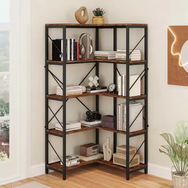 Factory Customizable 5 Tier Corner Bookshelf Large Display Rack Space-Saving Metal Wood for Living Room Bedroom Bathroom Storage
