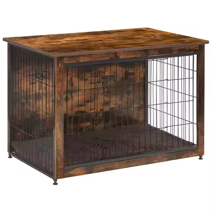 Industrial Retro Dog Kennel Furniture | Steel-Framed Wood Crate with Locking Doors | Dual-Purpose End Table for Pet Owners