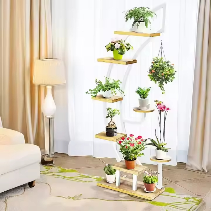 Custom Large Metal Wooden Indoor Plant Stand Powder Coated DIY Flower Pot Display Rack Multiple Plants Creative Flower Stand