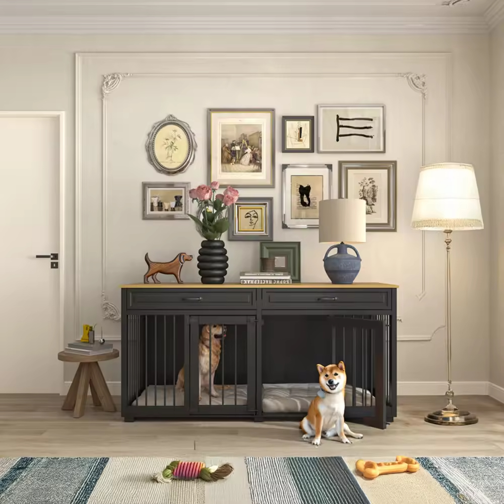 ODM&OEM Heavy Duty Wooden Dog Crate Furniture with 2 Drawers and Divider Standing Type Cleaning Tools