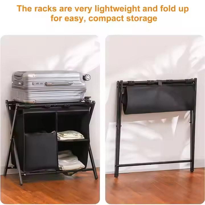 Custom Pack 2 Steel Folding Luggage Rack 3-Layered Double Tiers Storage Shelf Modern Standing Type Suitcase Stand