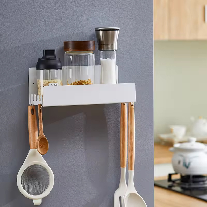 Magnetic Shelf Fridge Organizer for Spice Jars Magnet Shelves Seasoning Spice Holder With 4 Hooks Magnetic Spice Rack