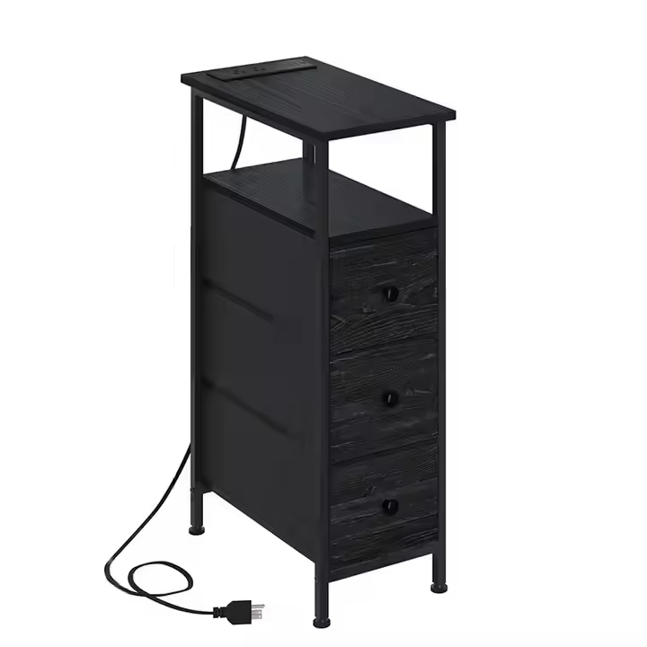 Adjustable Modern Wooden Bedside Table 3 Fabric Drawers Dual USB Outlets for Bedrooms Guest Rooms Narrow Design Convenient