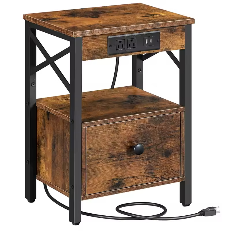 OEM & ODM Modern Solid Wood Nightstand with Charging Station Drawer USB Ports Outlet Storage Shelf Bedroom Furniture