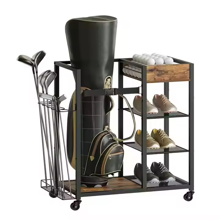 Factory Custom Single Tier Rolling Carbon Steel Modern Golf Storage Stand Rack Organizer Club Shelves Wheels Detachable Design