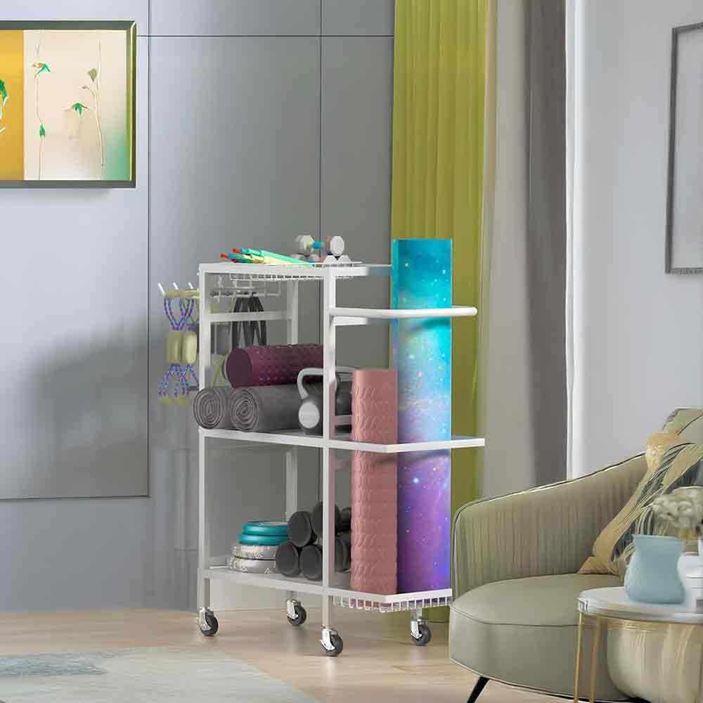 Home Gym Wall-Mounted Metal 3-Tier Tool Organizer with Wheels for Exercise and Workout Equipment