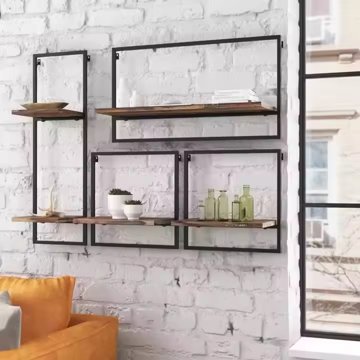 ODM OEM Coated Iron Frame Wall Shelving 4-Piece Floating Display Shelves Double Tiers Contemporary Living Room Home Storage