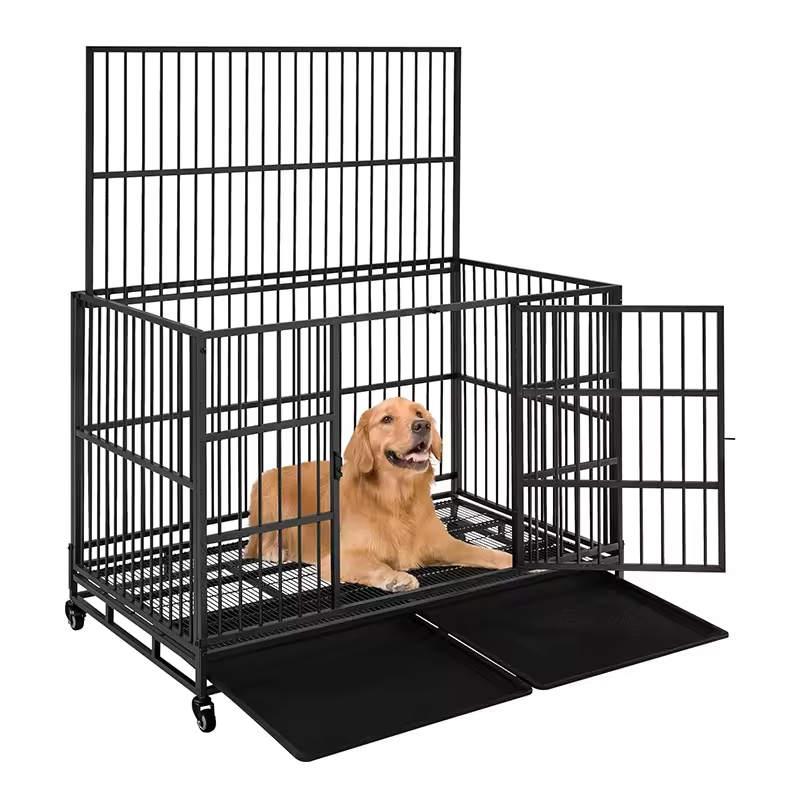 48'' XXL Indestructible Foldable Dog Crate 2 Lockable Doors Removable Metal Trays Wheels Extra Home Storage Organization