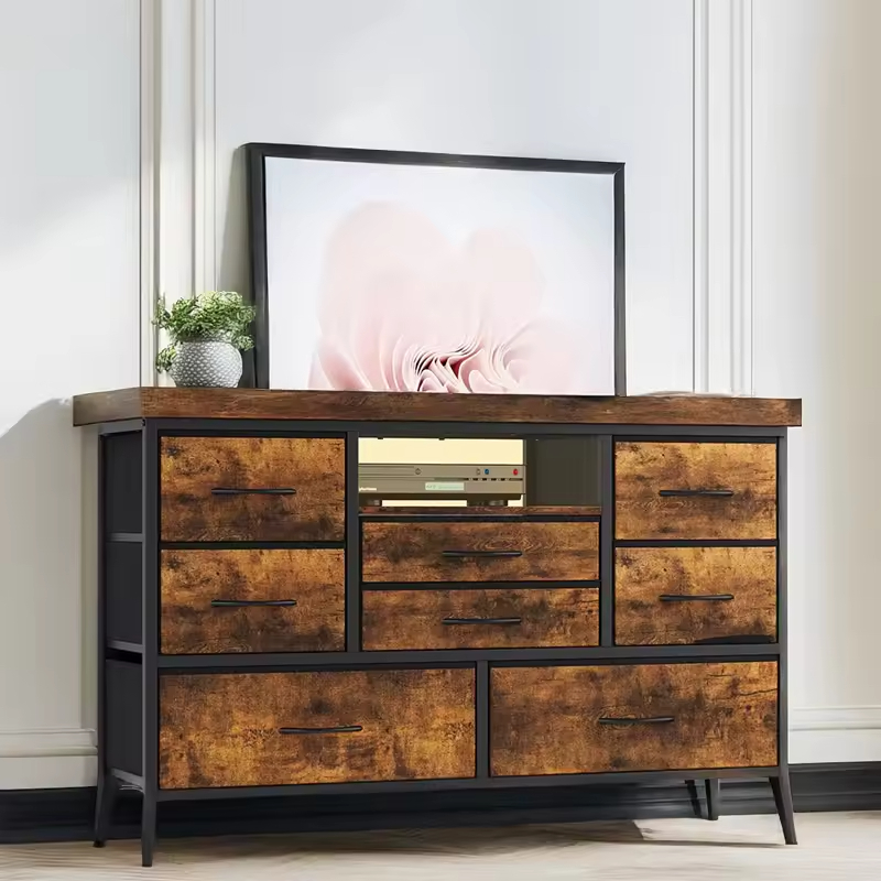 8-Drawer 55-Inch Brown Wood TV Stand Power Outlet Multi-Functional Media Console Dresser for Villa for Living Room Bedroom Hotel