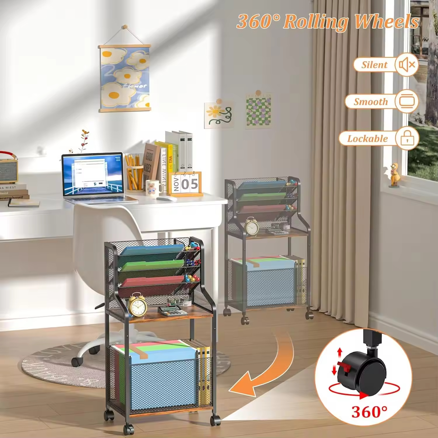 Custom 5 Tier Office Rolling File Cart Home Utility Carts School Standing File Organizer with Pen Holder,