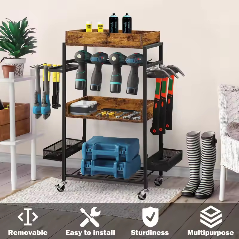 Factory OEM/ OBM Portable Rustic Rolling Tool Organizers Built-in Outlets USB Storage Rack Charging Station Garage Organizers