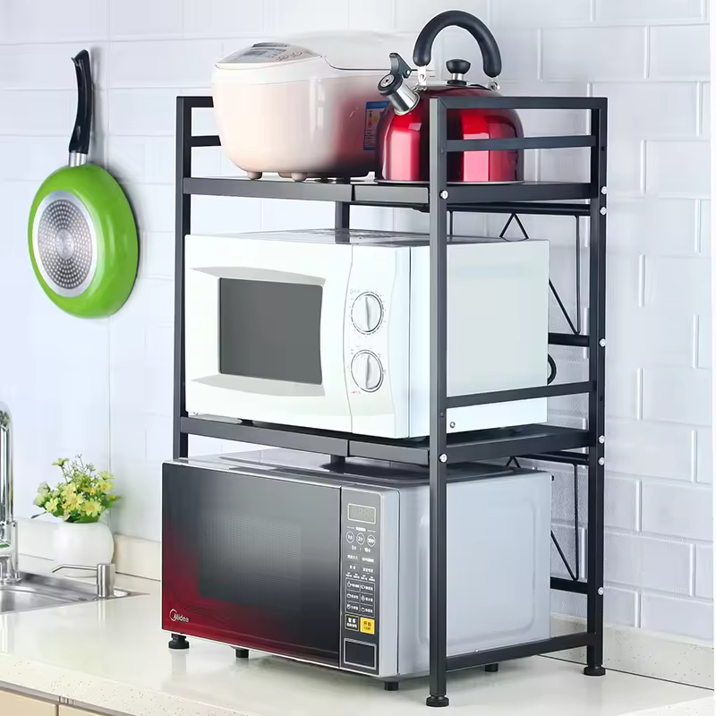 Three-Layer Retractable Standing Type Metal Kitchen Shelving for Countertop Rice Cooker Oven Microwave Rack for Household Use