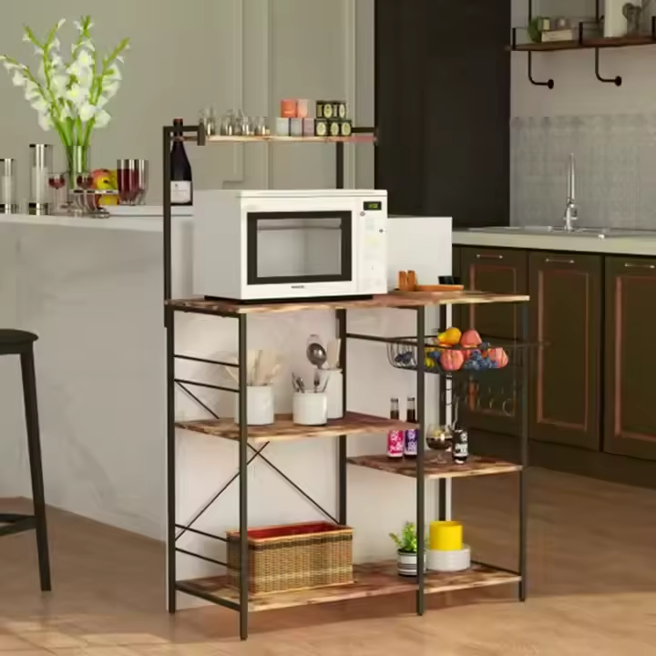 Custom Multi-Layer Modern Kitchen Coffee Bar Storage Cabinet with Power Charging Metal Wood Construction Freestanding Design