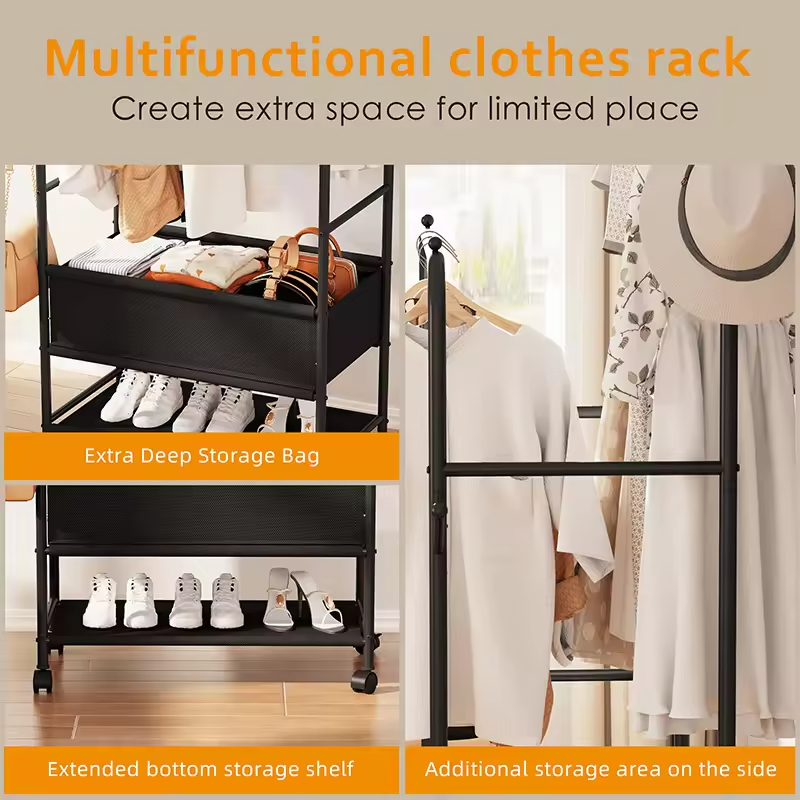 Commercial Double Rail Heavy-Duty Garment Rack Wheels Storage Bag Black-for Boutique Retail Warehouse Use Bathroom Living Room