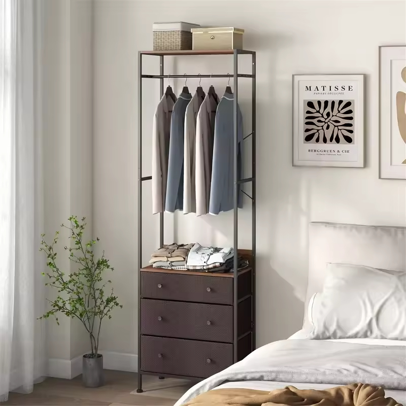 Vintage Multi-Functional Three-Layer Foldable Detachable Brown Wood+Metal Display Rack Customizable Wardrobe Bedroom Living Room