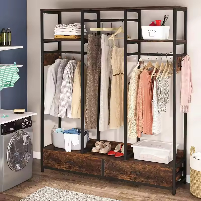 Vintage Multi-Functional Solid Color Steel Wood Structure Clothing Rack for Bedroom Wardrobe Customizable Solid Display Rack