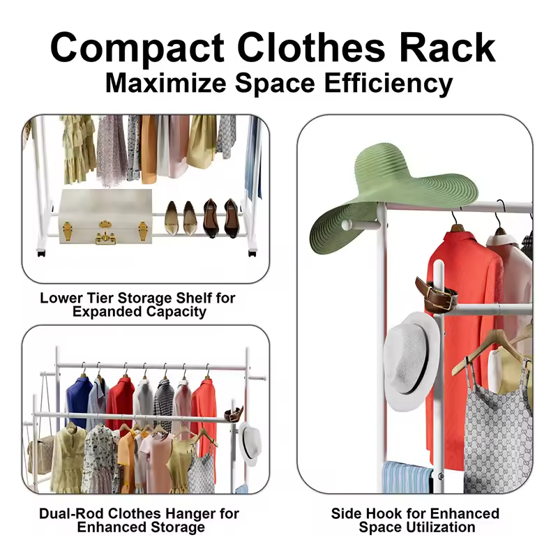 Stationary Feet Metal Rolling Clothing Rack Hanging Rods Hooks Detachable Waterproof for Bathroom Wardrobe Closet Organization