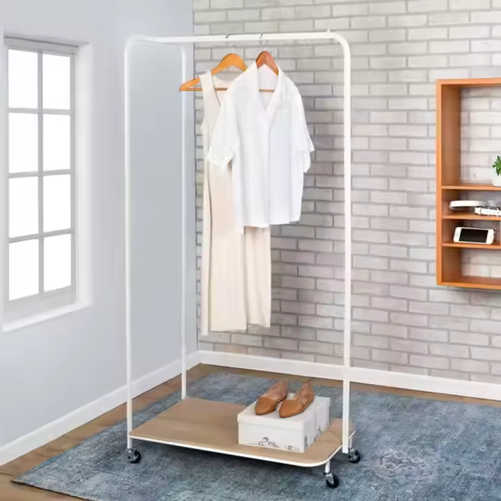 Manufacturer Custom Heavy-Duty Steel Rolling Clothes Rail Rack Double Simple Floor Garment Hanging Rack for Living Room Wardrobe