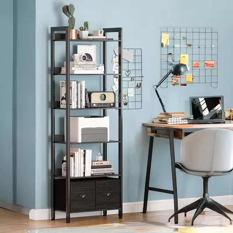 Factory OEM&ODM 5-Tier Wood and Metal Bookshelf Tall Bookcase with 2 Storage Drawers Industrial Display Standing Shelf Units