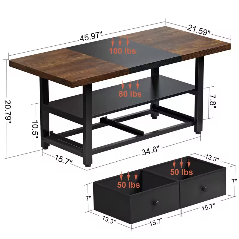Factory Custom Console Table With Storage Shelves and 2 Drawers Rectangular Table Wooden Top Metal Frame Living Room Brown