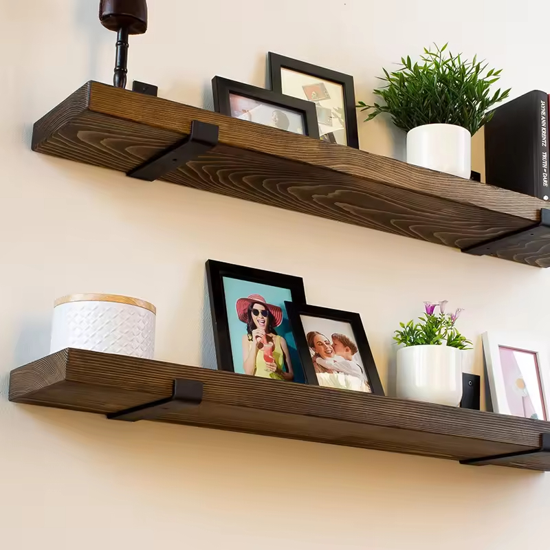 Custom Modern Rectangle Plated Live Edge Hardwood Shelves Bathroom Kitchen Rack with Bracket Long Book Floating Shelf