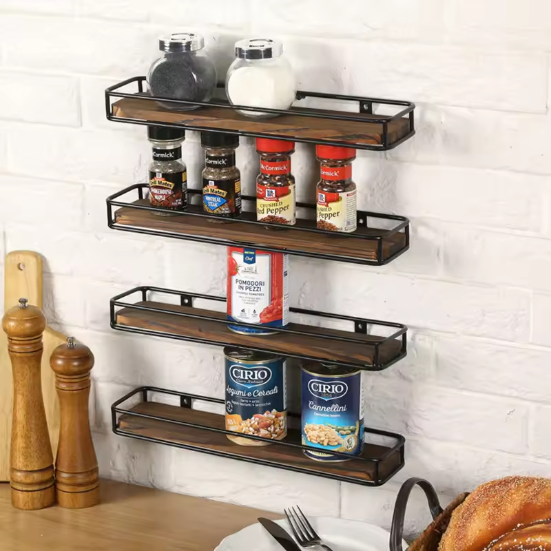 Manufacturer Custom 5 Jar Solid Wood Spice Rack (Set of 4) Wall Mounted Storage Racks Solid Wood and Metal Frame Spice Racks