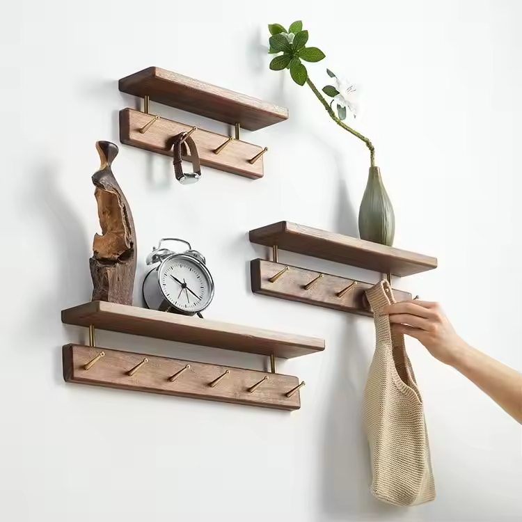 Modern Black Walnut Wooden Rectangle Coat Hook Key Storage Rack Punch-Free Wall Hanging Durable Space-Saving Home Decor Door