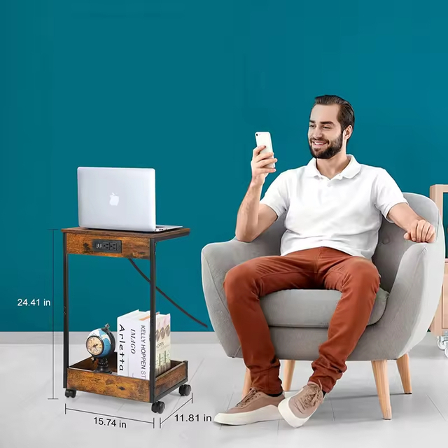 ODM OEM C-shaped Structured Side Table Tabletop Shelf Under Your Bed, Sofa, Couch, or Armchair End Table and Built-In Outlets