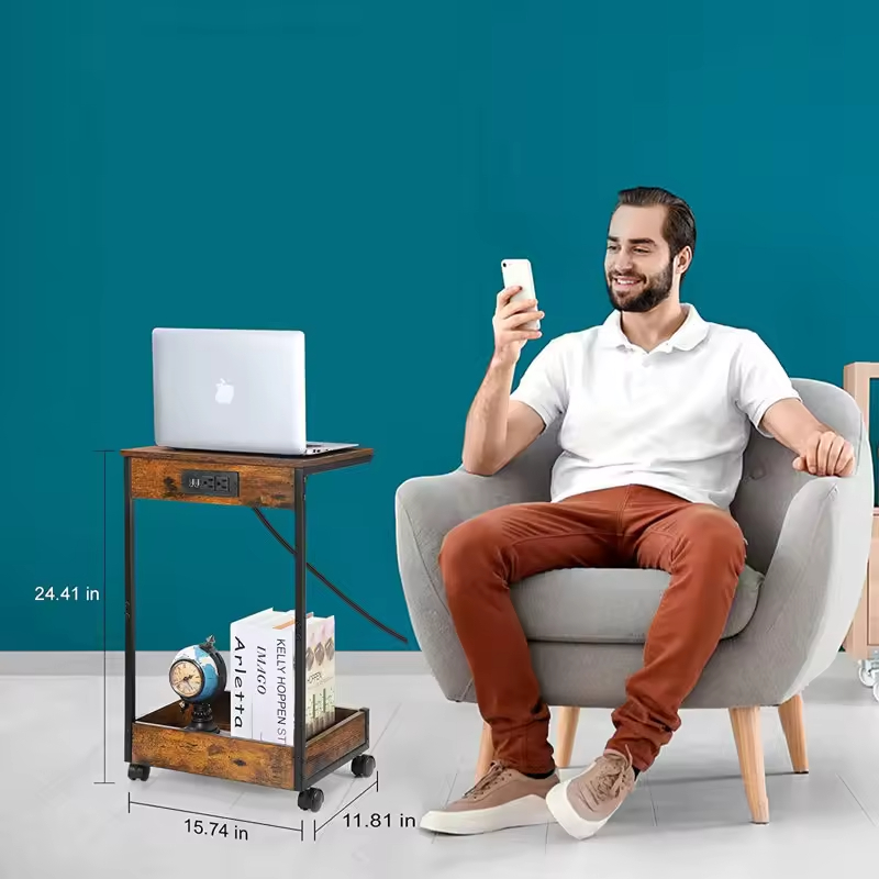 ODM OEM C-shaped Structured Side Table Tabletop Shelf Under Your Bed, Sofa, Couch, or Armchair End Table and Built-In Outlets