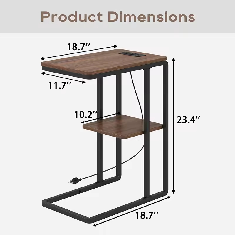Modern C-Shaped End Table with Metal Base Space-Saving Side Nightstand for Sofa & Bed in Small Home Furniture