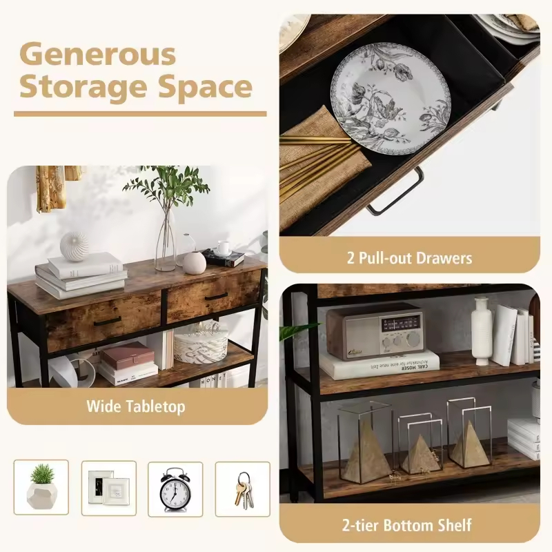 OEM ODM Factory Custom Multifunctional Double Tier Vintage Industrial Narrow Long Table Living Room Console Table with Drawers