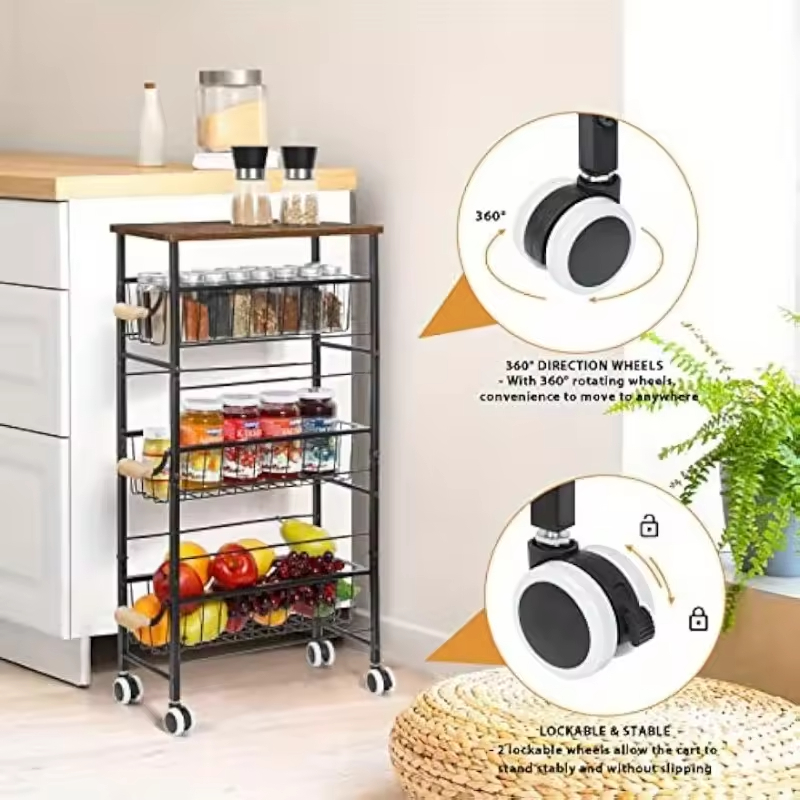 Custom Three-Layer Standing Type Eco-Friendly Metal+Wood Detachable Storage Cart Slim Rolling Utility Living Room Organizer