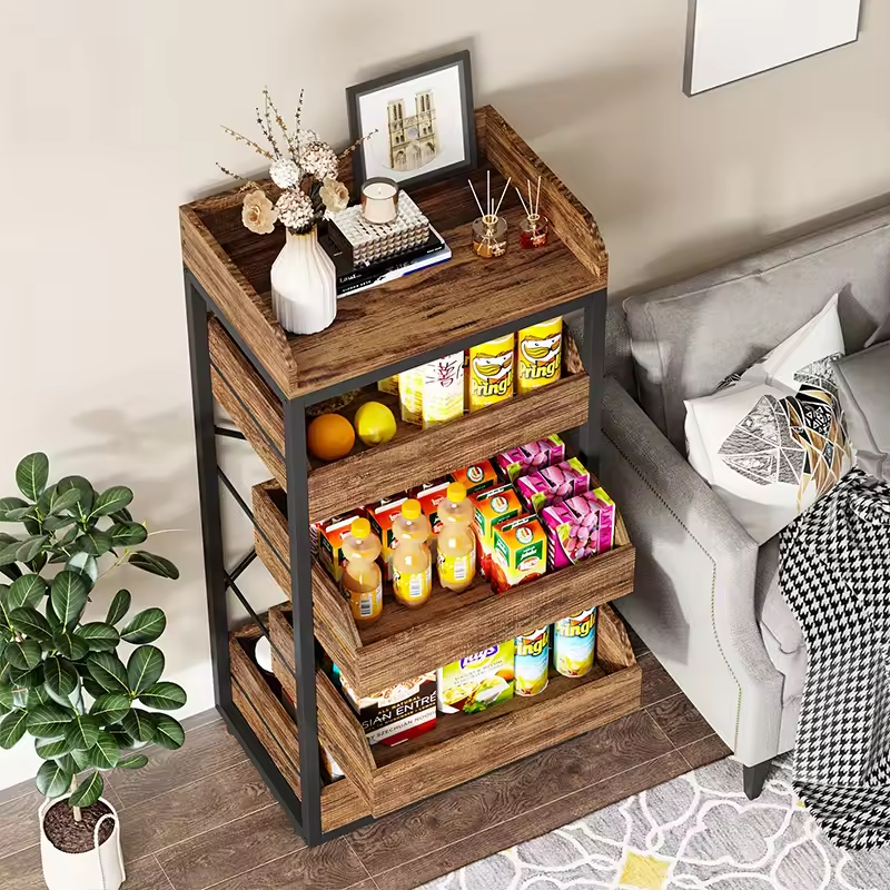 Factory OEM/ODM 5-Tier Pull-Out Snack Stand Fruit Basket Stand Wood and Steel Fruit and Vegetable Storage Rack