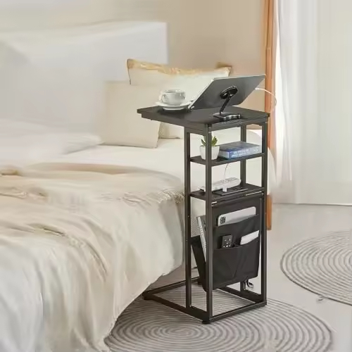 Custom Industrial Style C Shaped Side Table with Charging Station Vintage End Table for Living Room Furniture Direct Factory