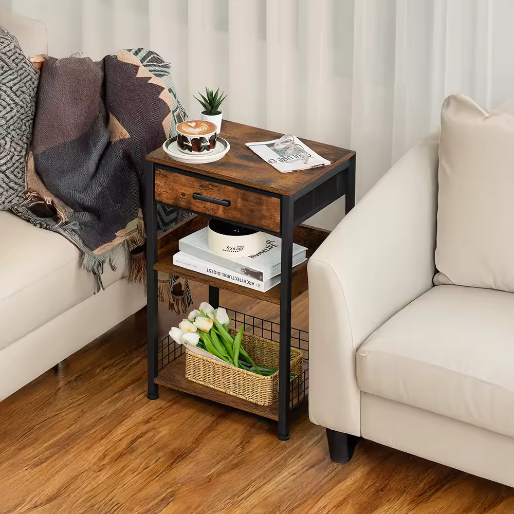 Modern Convertible Solid Wood 3-Tier Nightstand with Fabric Drawer and Tall Storage Bedroom End Table Vintage Brown