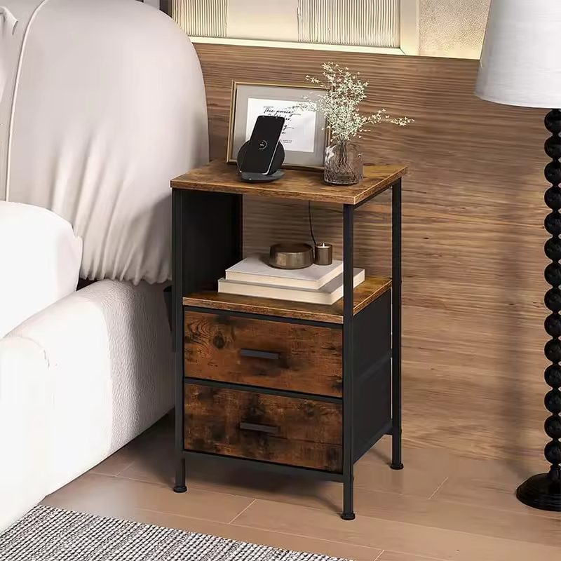 OEM&ODM Convertible Modern Bedroom Nightstand with 2 Drawers Charging Station Wooden and Metal End Table Small Nightstand