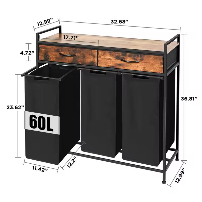 Custom Rustic Steel & Wood Laundry Storage Basket with 3 Bags 2 Drawers Waterproof Design for Bathroom & Bedroom Use