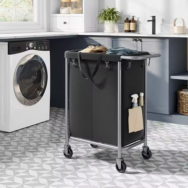 Custom 140L 2 Section Rolling Laundry Basket Steel Frame Handle Removable Liner Wheeled Blanket Storage Bathroom 600D Oxford